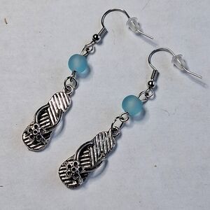 Handmade Silver Tone Flip Flop & Frosted Blue Bead Dangle Earrings